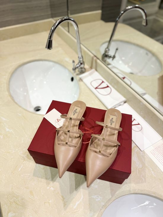 Valentino Platinum Stud Pointed Toe Low Heel Mules Leather Sole