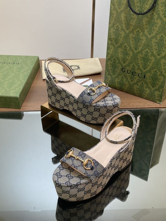 Gucci Monogram Canvas Buckle Decor Platform Heeled Sandals