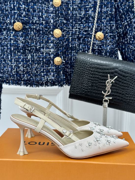 Louis Vuitton Rhinestone Decor Silk Upper Low Heel Hollow Sandals