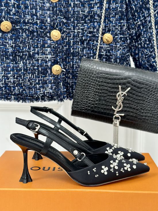 Louis Vuitton Rhinestone Decor Silk Upper Low Heel Hollow Sandals