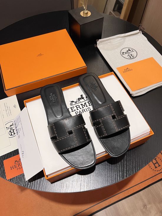 Hermes Cowhide Open Toe Slides With Silk Scarf Detail