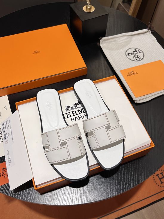 Hermes Cowhide Open Toe Slides With Silk Scarf Detail