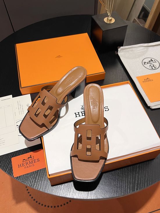 Hermes Cutout Chunky Heel Slides With Genuine Leather Sole