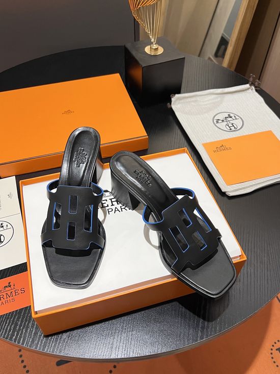 Hermes Cutout Chunky Heel Slides With Genuine Leather Sole