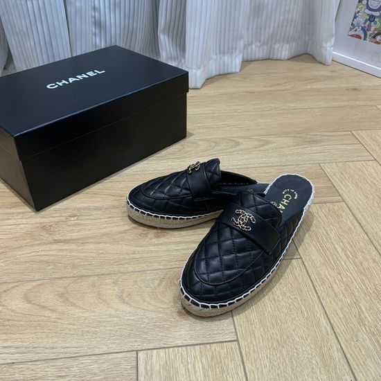 Chanel Straw Rope Leather Casual Summer Slides
