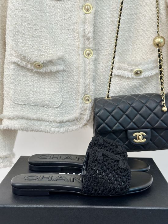 Chanel Knit Logo Flat Slide Sandals