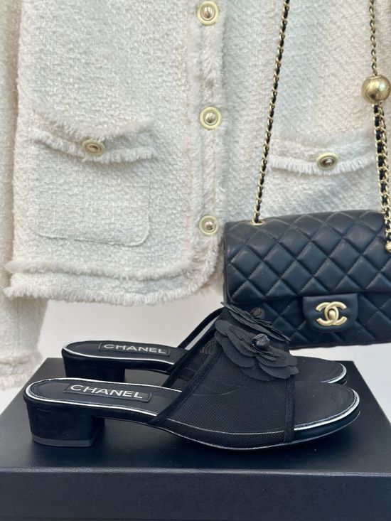 Chanel Camellia Mesh Slip On Mules with Leather Sole