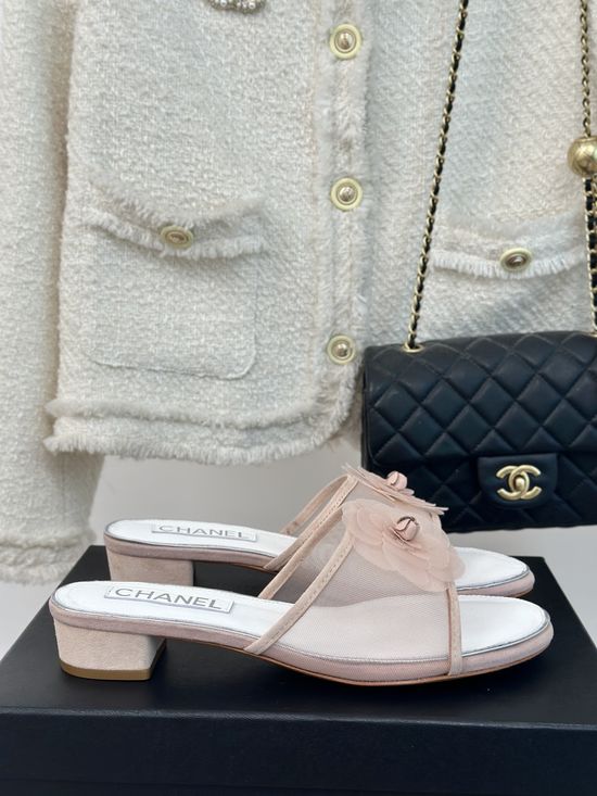 Chanel Camellia Mesh Slip On Mules with Leather Sole
