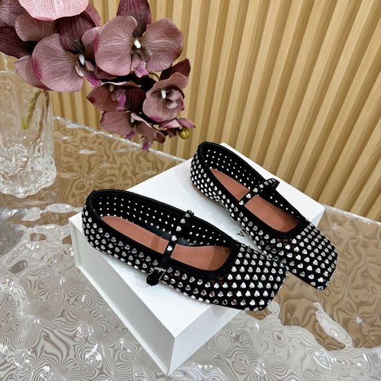 Amina Muaddi Hollow Rhinestone Suede Upper Flat Shoes