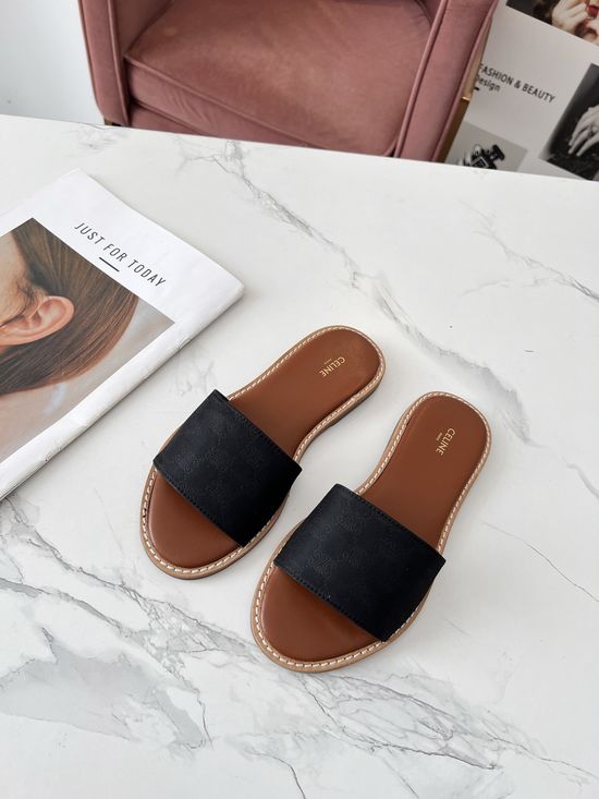 Celine Silk Fabric Embossed Mule Slippers