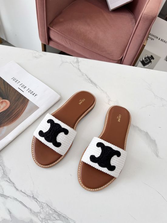 Celine PP Grass Woven Mule Slippers With Leather Welt