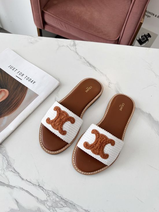 Celine PP Grass Woven Mule Slippers With Leather Welt