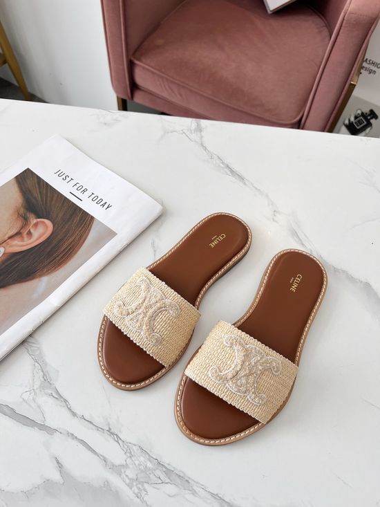 Celine PP Grass Woven Mule Slippers With Leather Welt