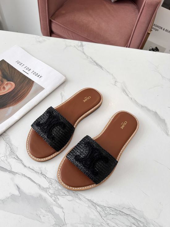 Celine PP Grass Woven Mule Slippers With Leather Welt