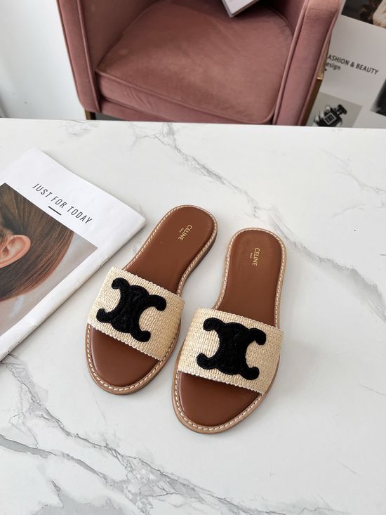 Celine PP Grass Woven Mule Slippers With Leather Welt