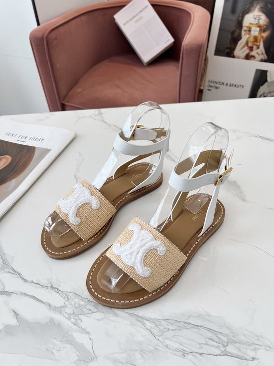 Celine PP Grass Woven Hardware Buckle Mule Slippers