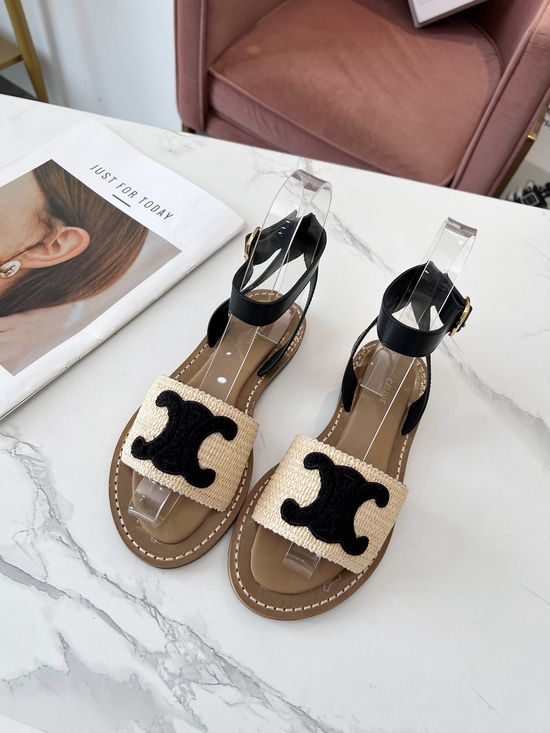 Celine PP Grass Woven Hardware Buckle Mule Slippers