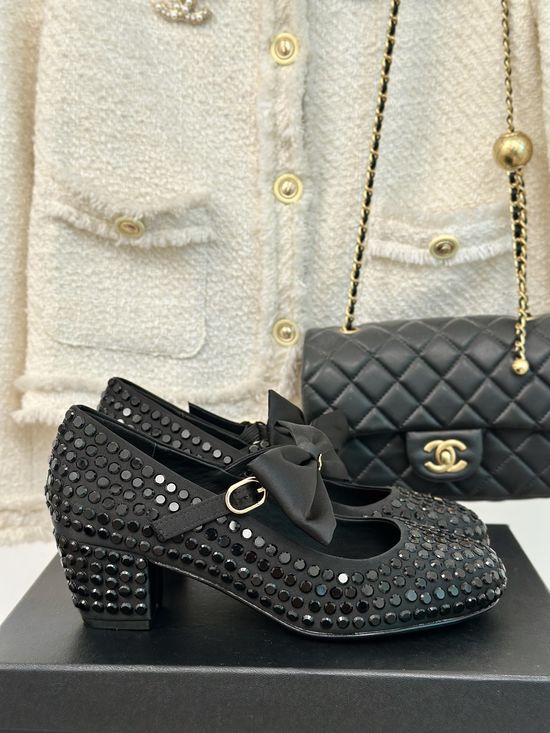 Chanel Elegant Rhinestone Bow Mary Jane Shoes