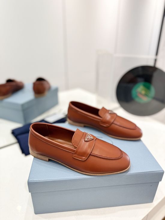 Prada Metal Logo Leather Comfortable Elevated Fashion Shoes
