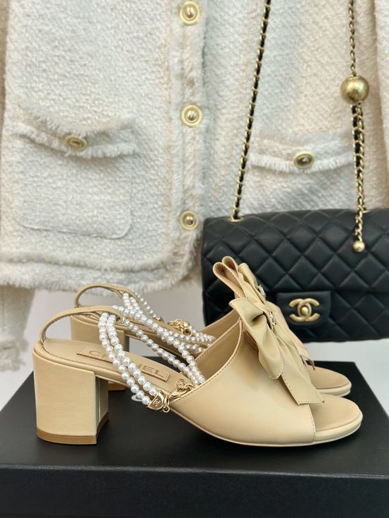 Chanel Bow Pearl Chain Elegant Silk Sandals Slides