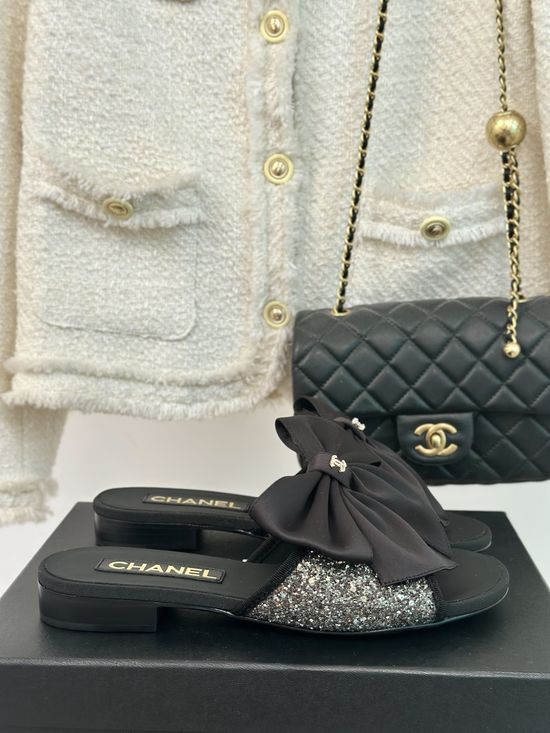 Chanel Bow Pearl Chain Elegant Silk Sandals Slides