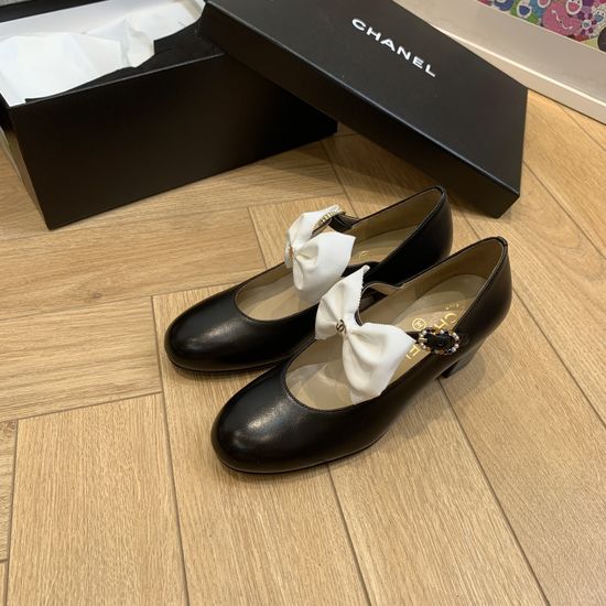 Chanel Rhinestone Bow Mary Jane Shoes Mid Heel Pointed Toe Silk Upper