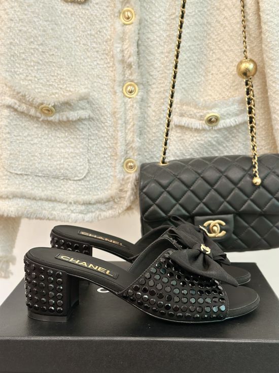Chanel Rhinestone Bow Chunky Heel Slide Sandals