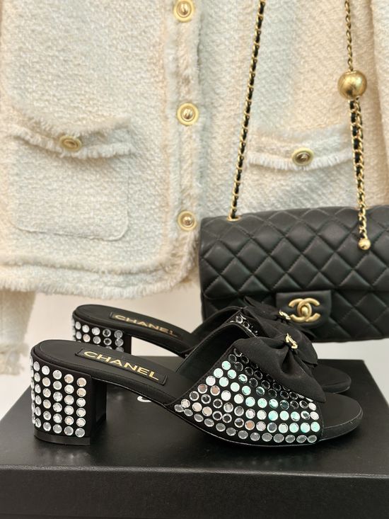 Chanel Rhinestone Bow Chunky Heel Slide Sandals