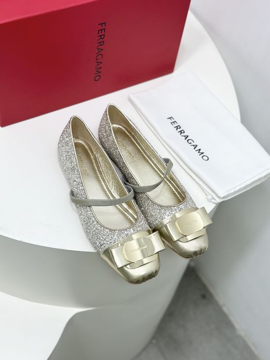 Ferragamo Bowknot Silk Ballet Flats Sheepskin Lining