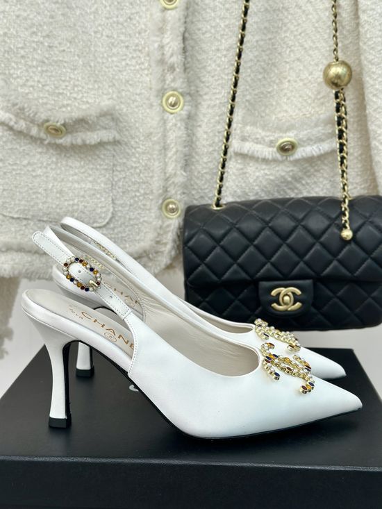 Chanel Pointed Toe Open Back Silk Sandals