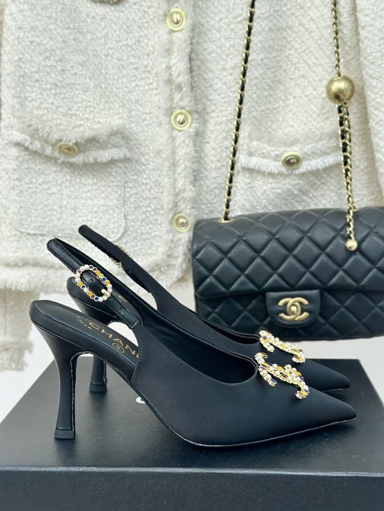 Chanel Pointed Toe Open Back Silk Sandals