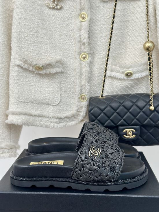Chanel Woven Raffia Slip On Comfort Slides