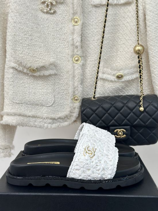 Chanel Woven Raffia Slip On Comfort Slides