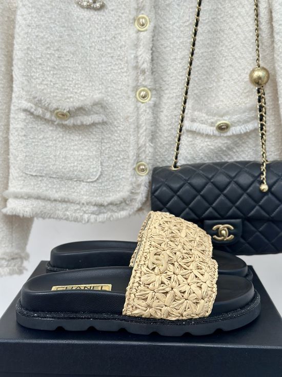 Chanel Woven Raffia Slip On Comfort Slides
