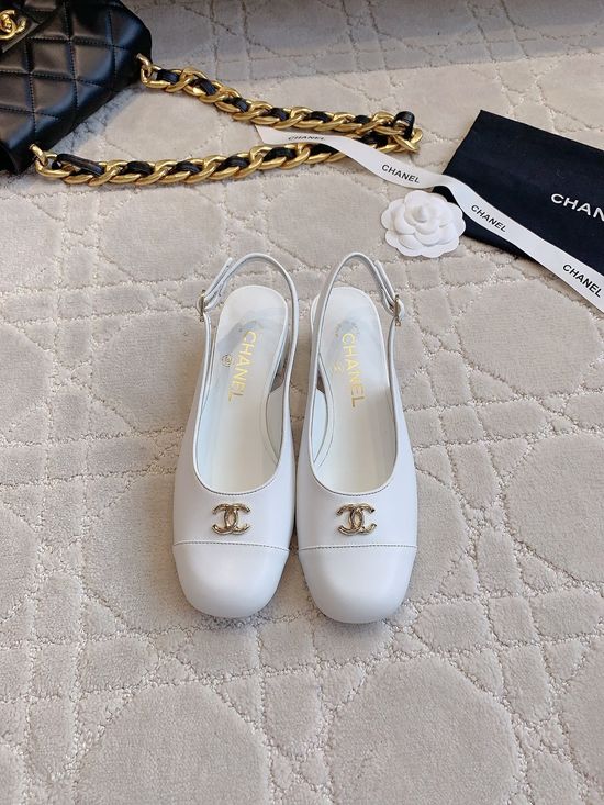 Chanel Logo Decor Chunky Heel Peep Toe Elegant Leather Shoes