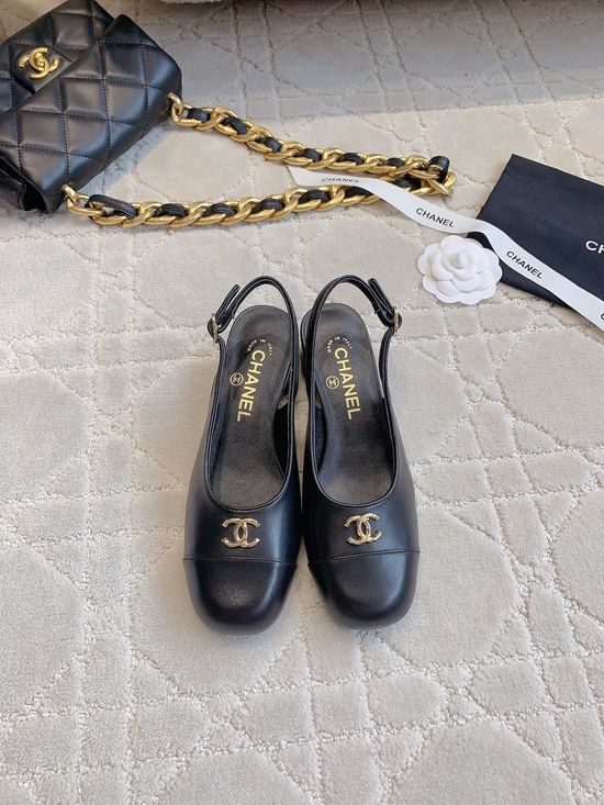 Chanel Logo Decor Chunky Heel Peep Toe Elegant Leather Shoes