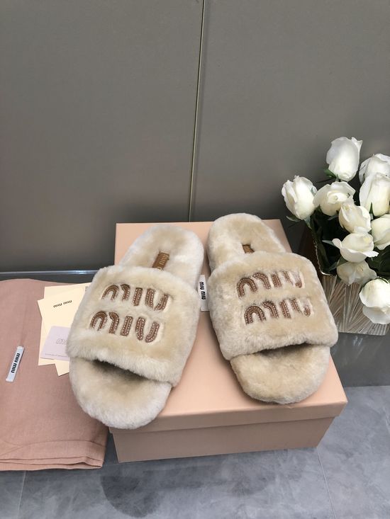 Miu Miu Embroidered Wool Slippers Non-slip Soft Comfortable Home Shoes