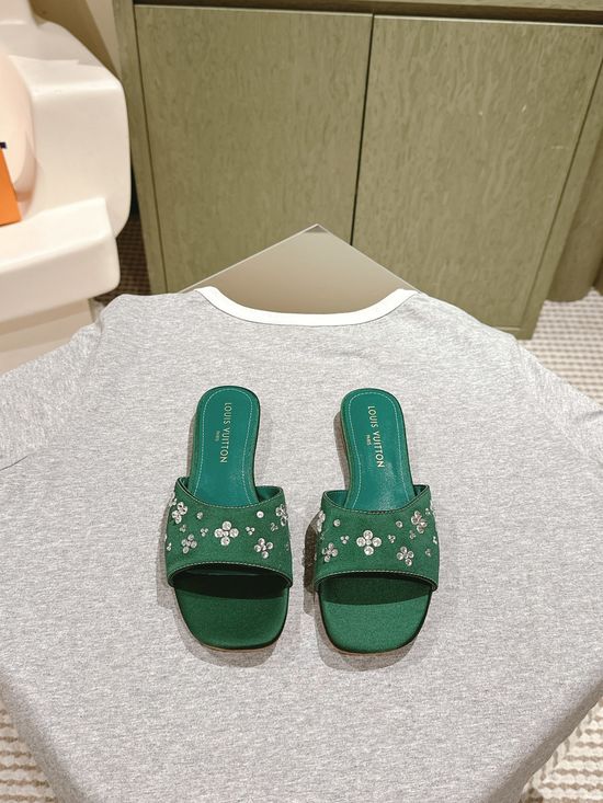 Louis Vuitton Silk Rhinestone Embellished Flat Casual Slides