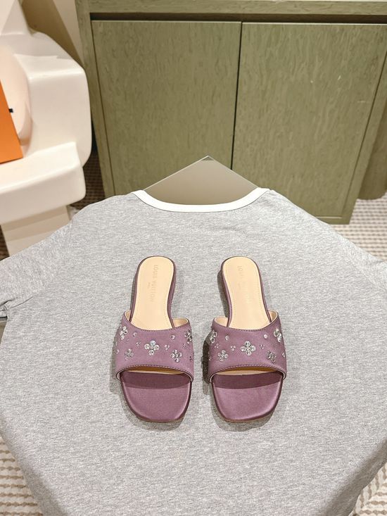 Louis Vuitton Silk Rhinestone Embellished Flat Casual Slides