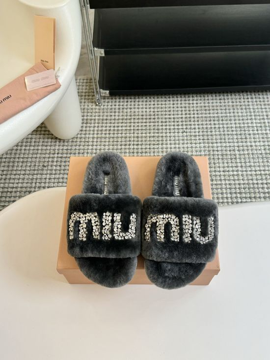 Miu Miu Rhinestone Decor Wool Platform Slippers TPU Non Slip Sole