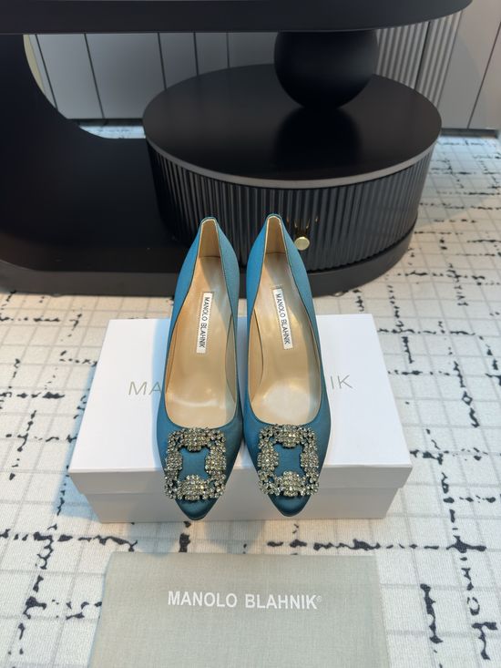 Manolo Blahnik Elegant Satin High Heels with Crystal Buckle for Weddings
