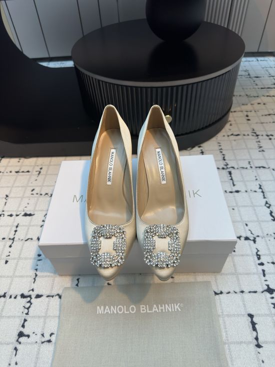 Manolo Blahnik Elegant Satin High Heels with Crystal Buckle for Weddings