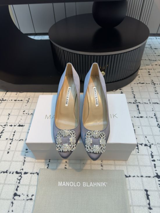 Manolo Blahnik Elegant Satin High Heels with Crystal Buckle for Weddings