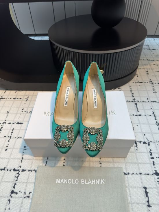 Manolo Blahnik Elegant Satin High Heels with Crystal Buckle for Weddings