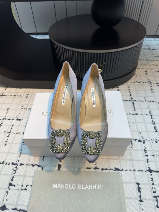 Manolo Blahnik Elegant Silk High Heels with Crystal Buckle for Formal Occasions