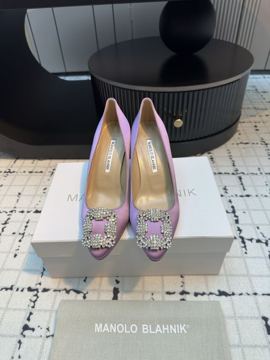 Manolo Blahnik Elegant Silk High Heels with Crystal Buckle for Formal Occasions