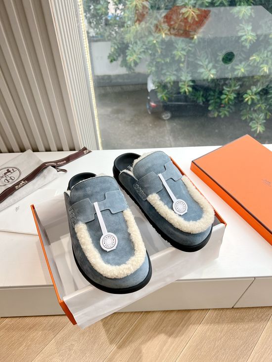 Hermes Suede Fleece Lined Platform Slip-on Mules