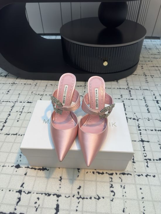Manolo Blahnik Crystal Buckle Satin High Heel Mule Shoes