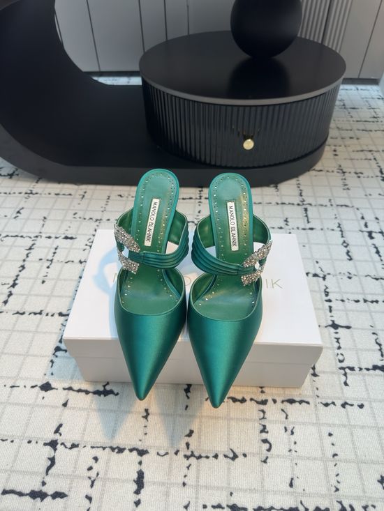 Manolo Blahnik Crystal Buckle Satin High Heel Mule Shoes