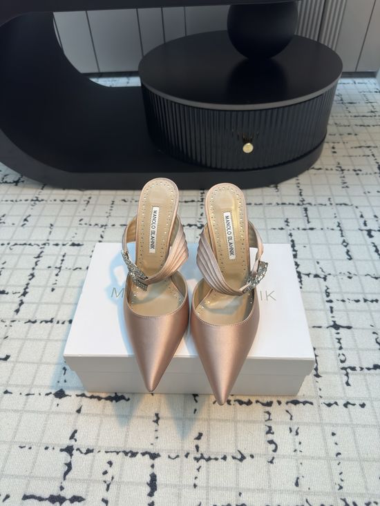 Manolo Blahnik Crystal Buckle Satin High Heel Mule Shoes